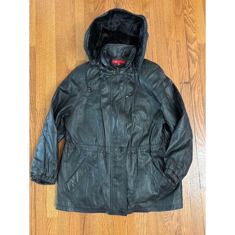 Vintage Y2K Anne Klein Hooded parka style Leather jacket‎ womens XL with Liner